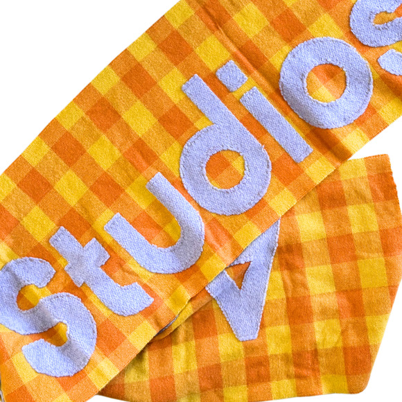 NWT $420 Acne Studios Veda Checked Wool Big Logo Scarf 80"x37" Orange Purple - Picture 5 of 13